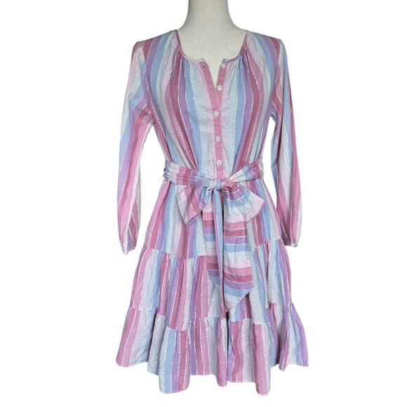 J. Crew Dresses & Skirts - J.Crew Re-Imagined Pastel Stripe Metallic Thread Tiered Belted Dress XS
